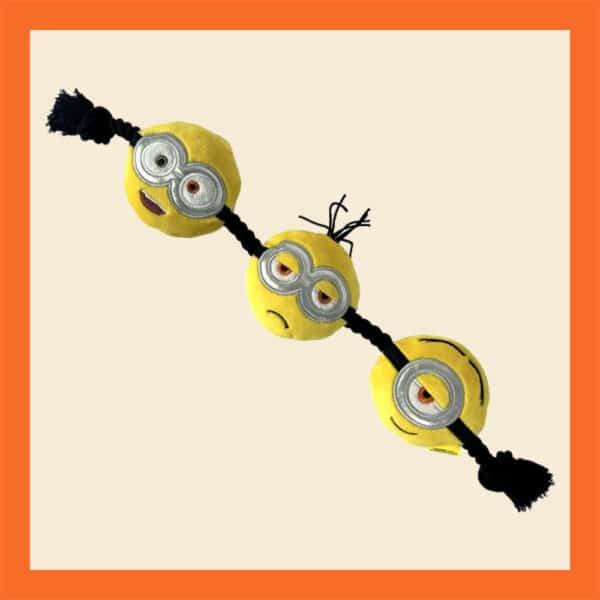 Pluche Minions Bob, Kevin & Stuart aan Flostouw is een set van drie vrolijke hondenspeeltjes in de vorm van de bekende Minions. Elk speeltje bestaat uit een zachte pluche uitvoering van Bob, Kevin of Stuart, gecombineerd met stevige flostouwen aan beide zijden. Ideaal voor trekspelletjes, apporteren of gewoon om lekker mee te knuffelen. Hondenknuffel Trekspeelgoed